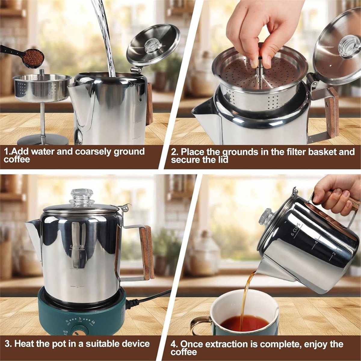 Camp Percolator Coffee - 6 Cup Percolator 304 Stainless Steel